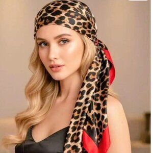 Red Trim Leopard Print Satin Scarf